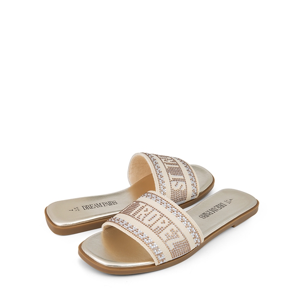 Square Toe Flat Slide Sandals - GOLD-RHINESTONE - 5